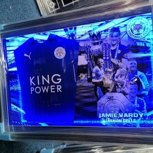 Hand signed Jamie Vardy League winning shirt in custom LED frame